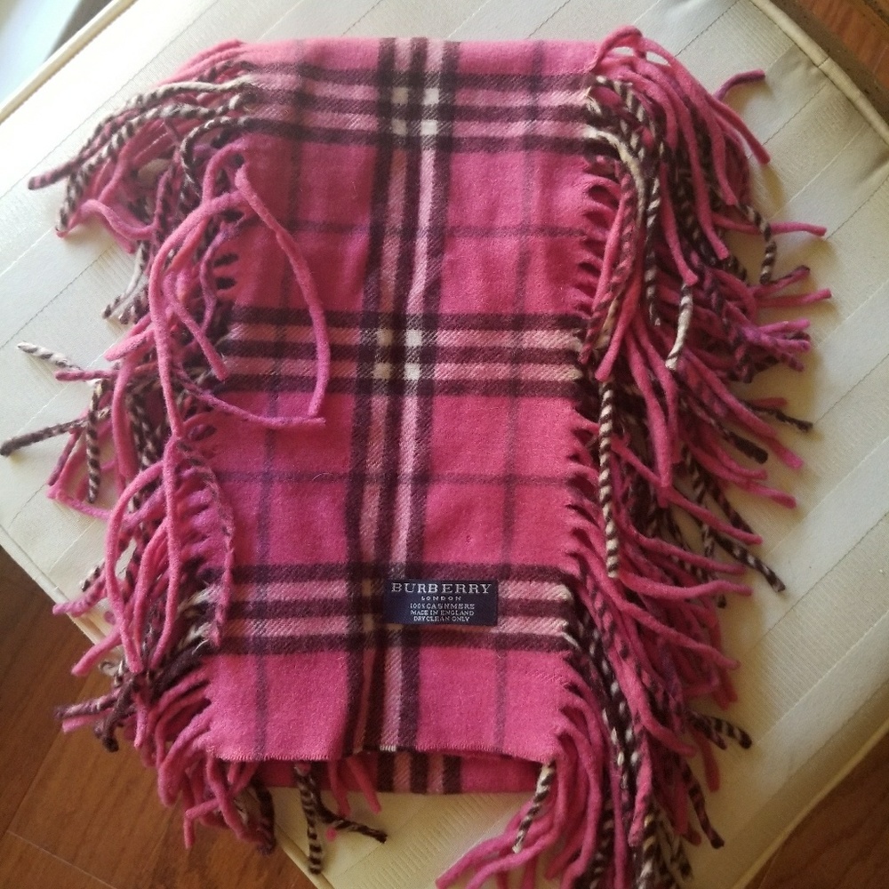 Pink Plaid Check Fringe Burberry Cashmere Scarf